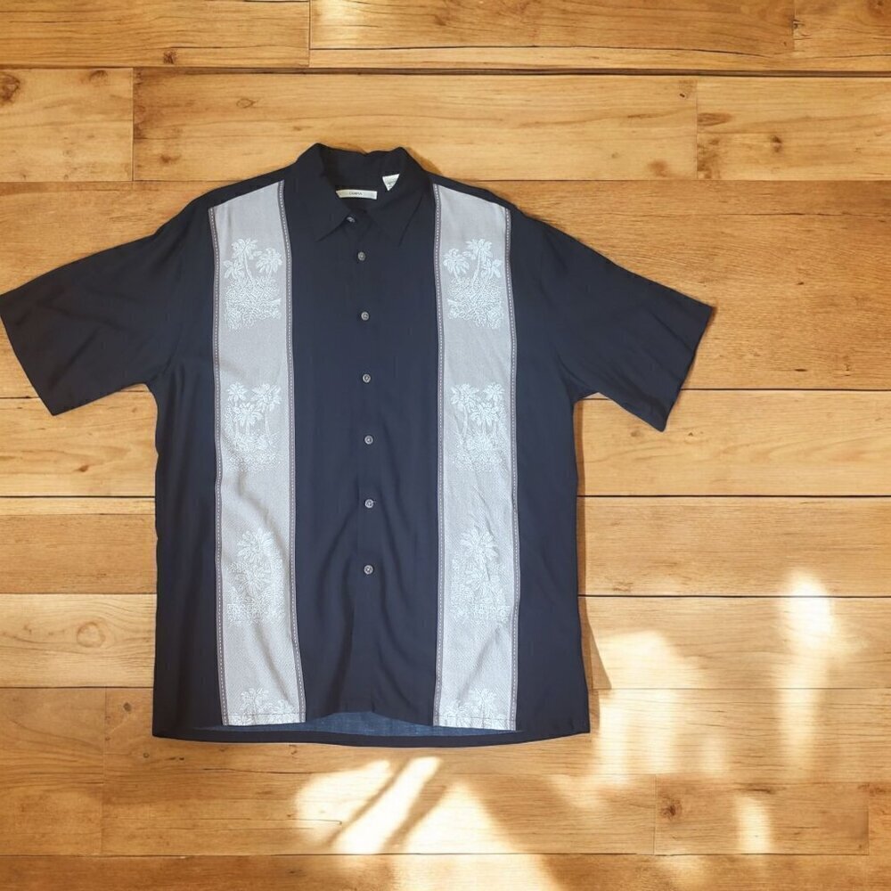 Moda‎ Campia Men's Size Large Button up Shirt Black Colorblock Palm Trees Hawaii
